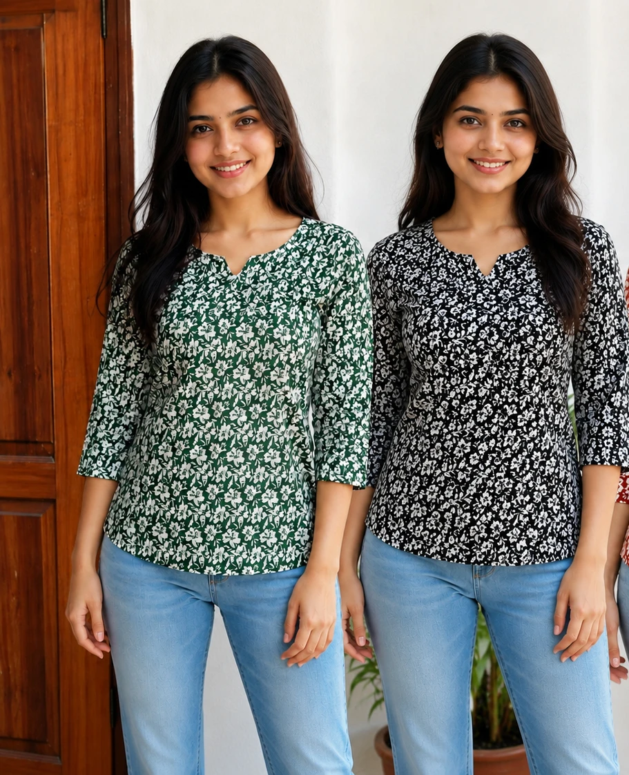 Women's Printed Cotton Short Kurti  Set of 2 pes.
