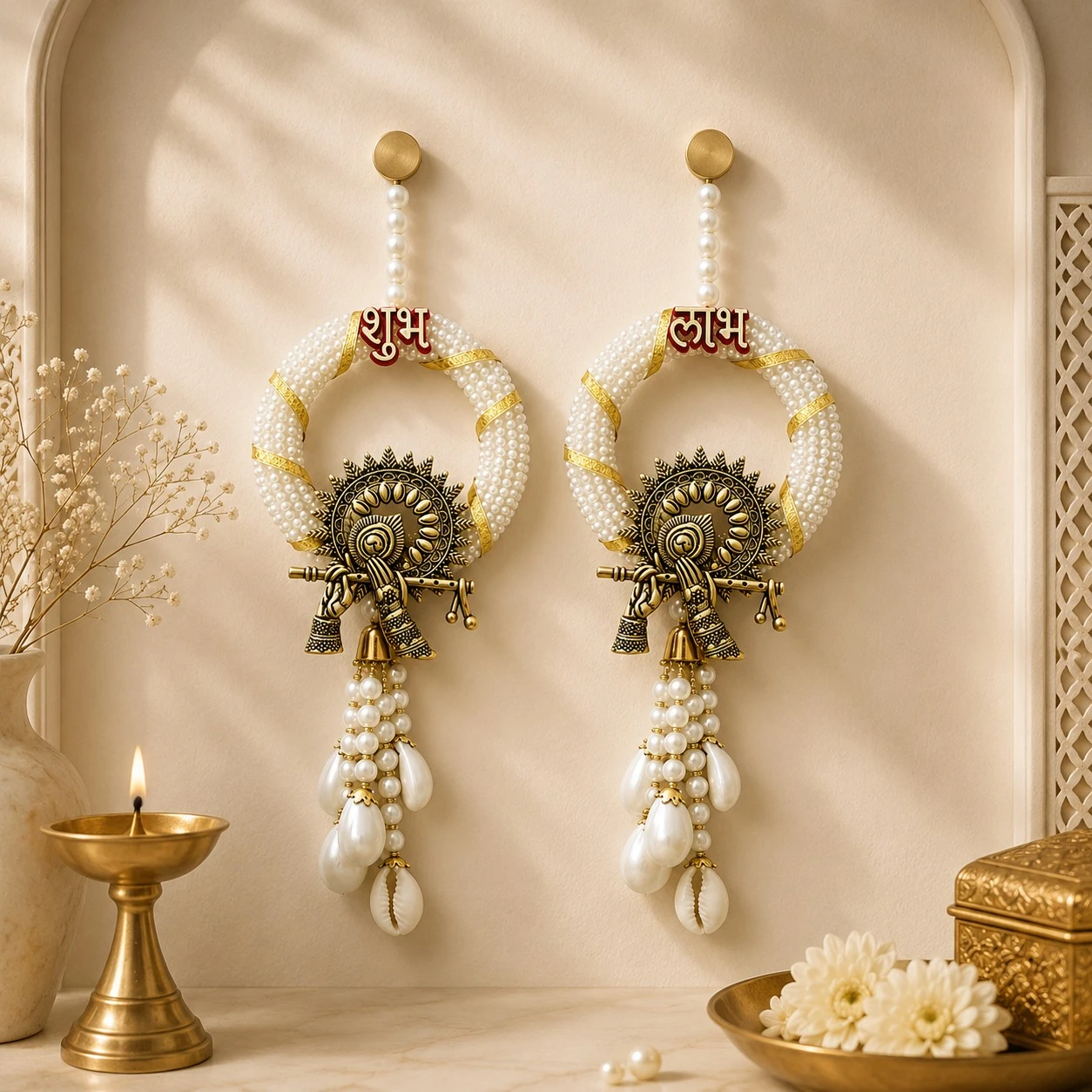Shubh Labh Pearl Wall Hanging with Krishna Flute | Decorative Door Hanging for Home & Office
