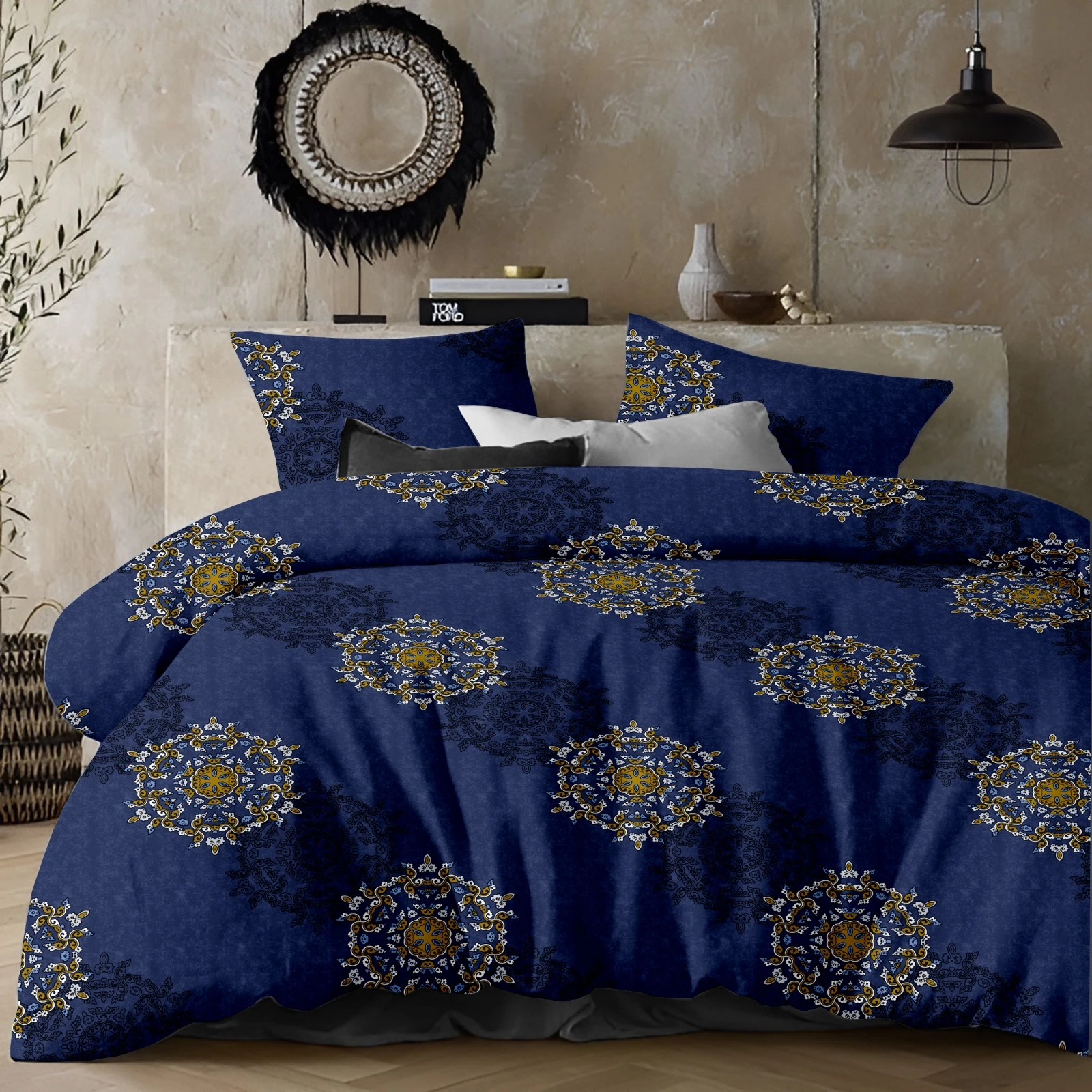 Blue Printed Double Bedsheet with 2 Pillow Covers | Soft Microfiber King Size Bed Sheet