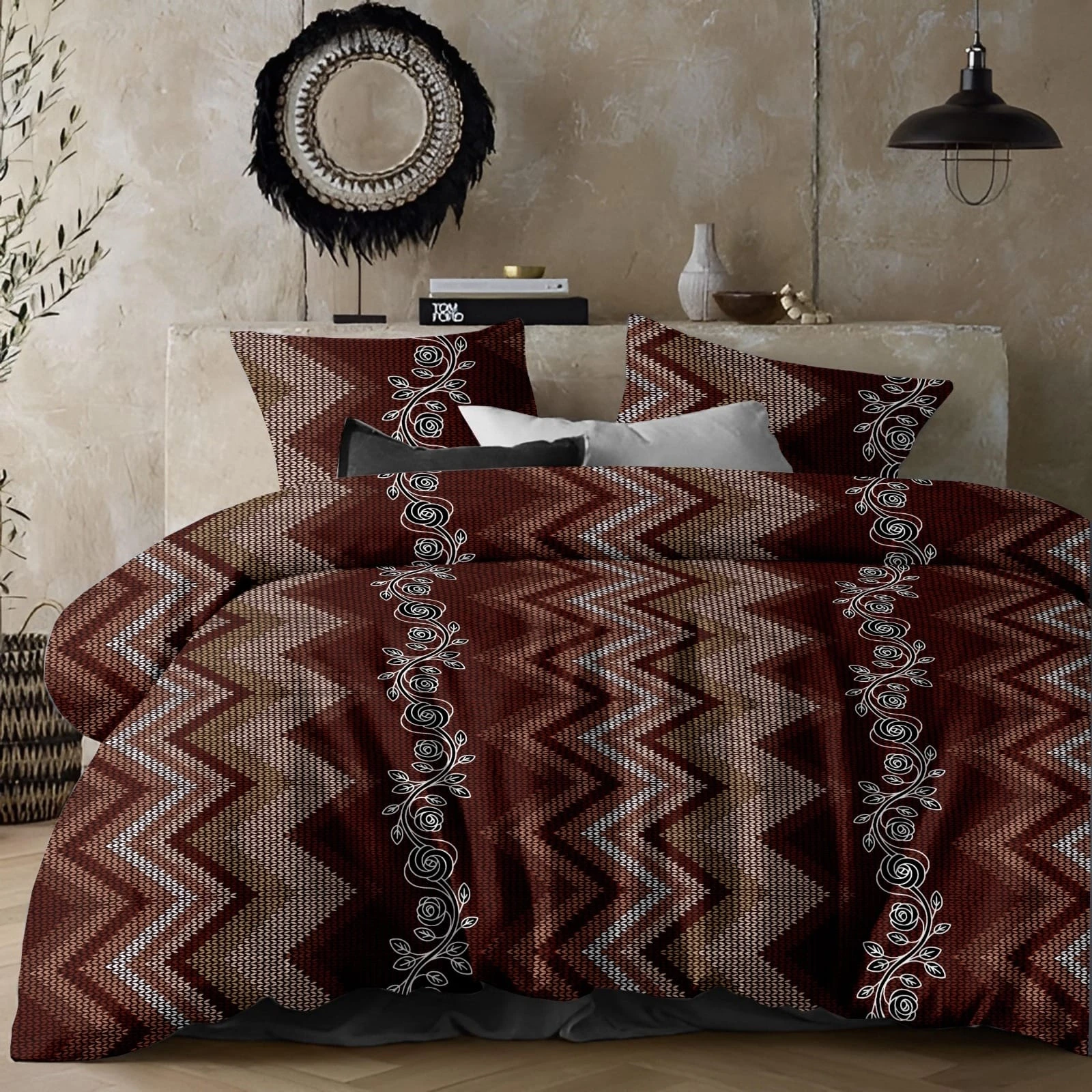 Brown Geometric Printed Double Bedsheet with 2 Pillow Covers | Soft Microfiber King Size Bed Sheet | Zigzag Floral Design Bedding Set