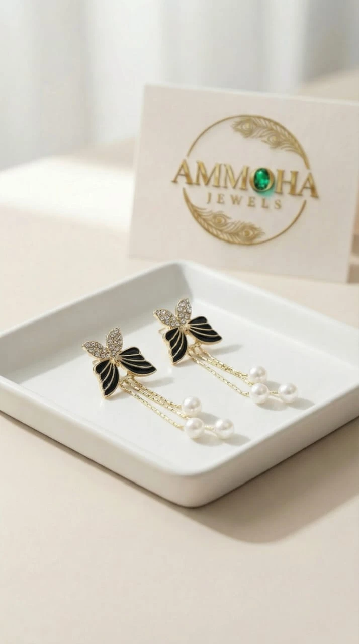 Gold-Plated Butterfly Pearl Drop Earrings for Women | Crystal Bow Tassel Dangle Earrings | Elegant Party Wear Jewellery