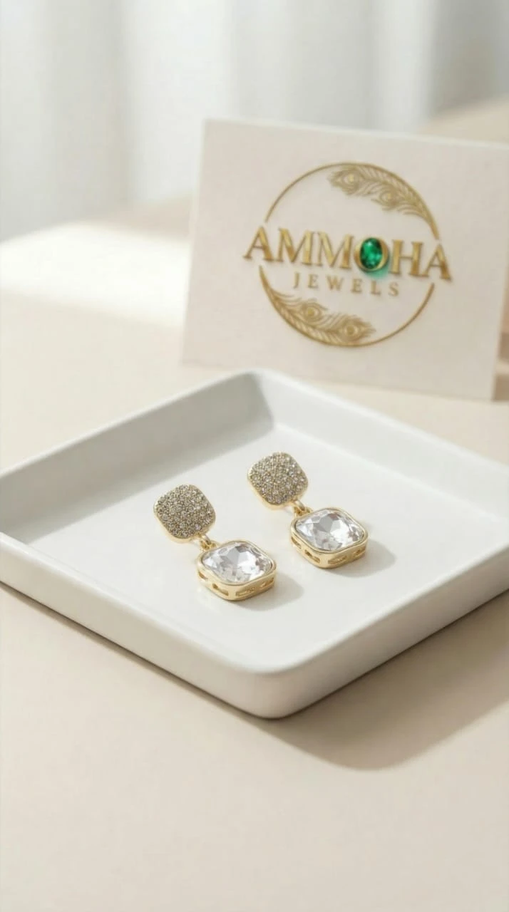 Gold-Plated Crystal Drop Earrings for Women | Square Cubic Zirconia Designer Earrings | Elegant Party Wear & Daily Wear Jewellery
