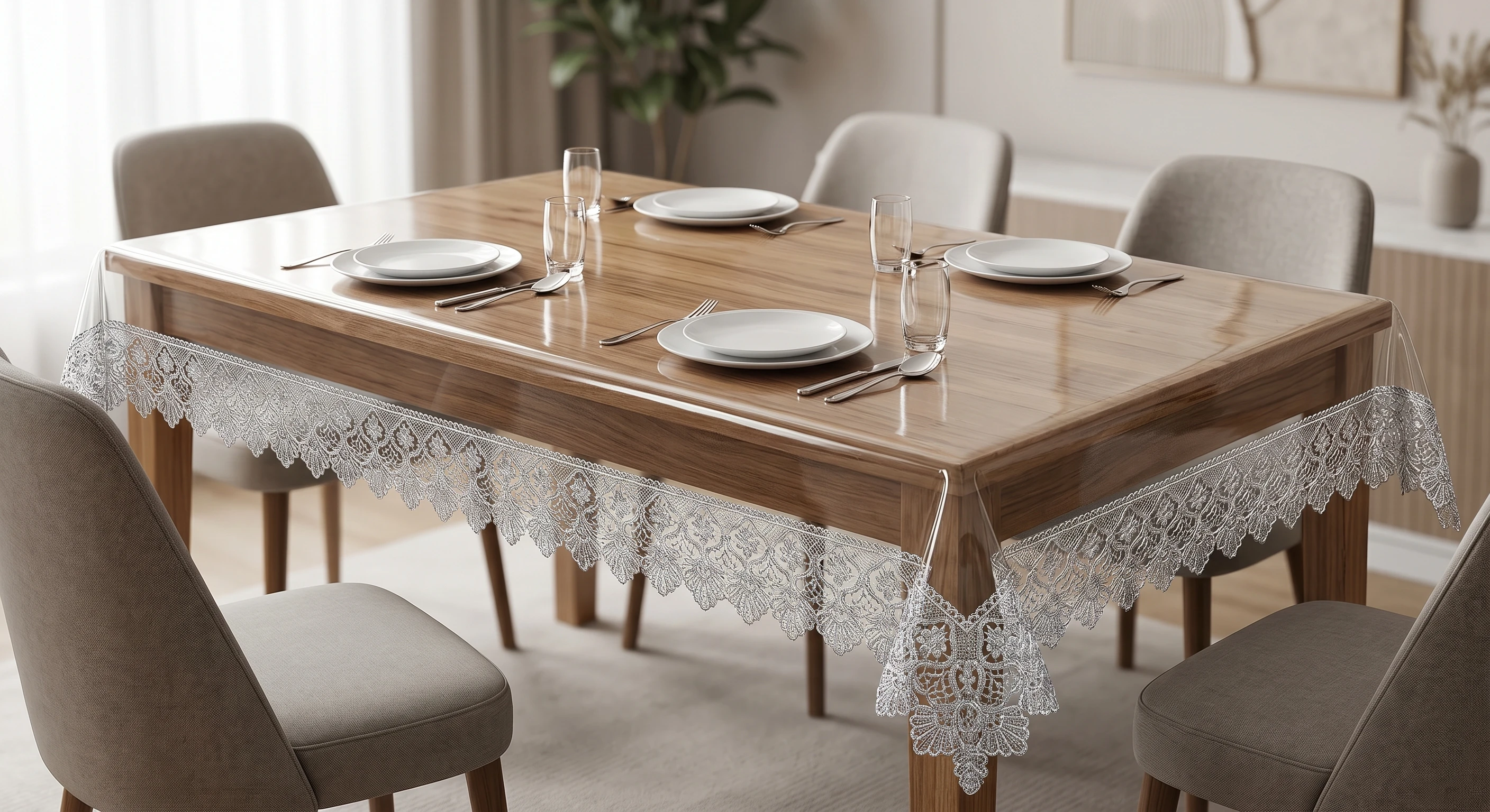 Banana Fibre Premium Crystal Clear Transparent Table Cover (40x60 Inch) | Heavy-Duty Thick PVC Waterproof Plastic Center table Cloth & Protector Mat with Attractive Elegant Silver Lace for Center Table & Teapoy