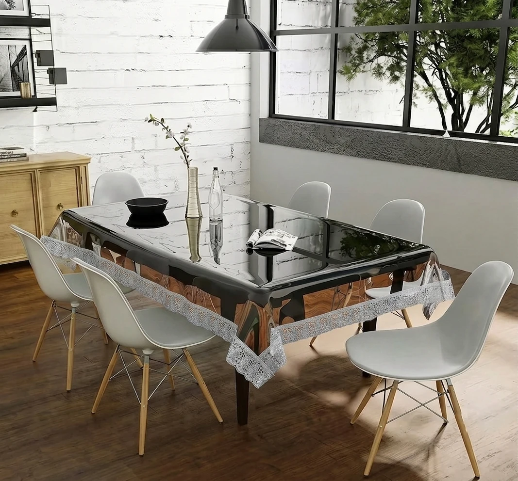 Premium PVC Durable Bordered Wipe Clean Oil Spill-Proof Waterproof Stain-Resistant Rectangular 6 Seater Dining Table Cover with Golden/Silver Lace (Transparent, 54 X 78) - Heavy Plastic Sheet | Designer Anti-Skid Table Cover for 6 Seater