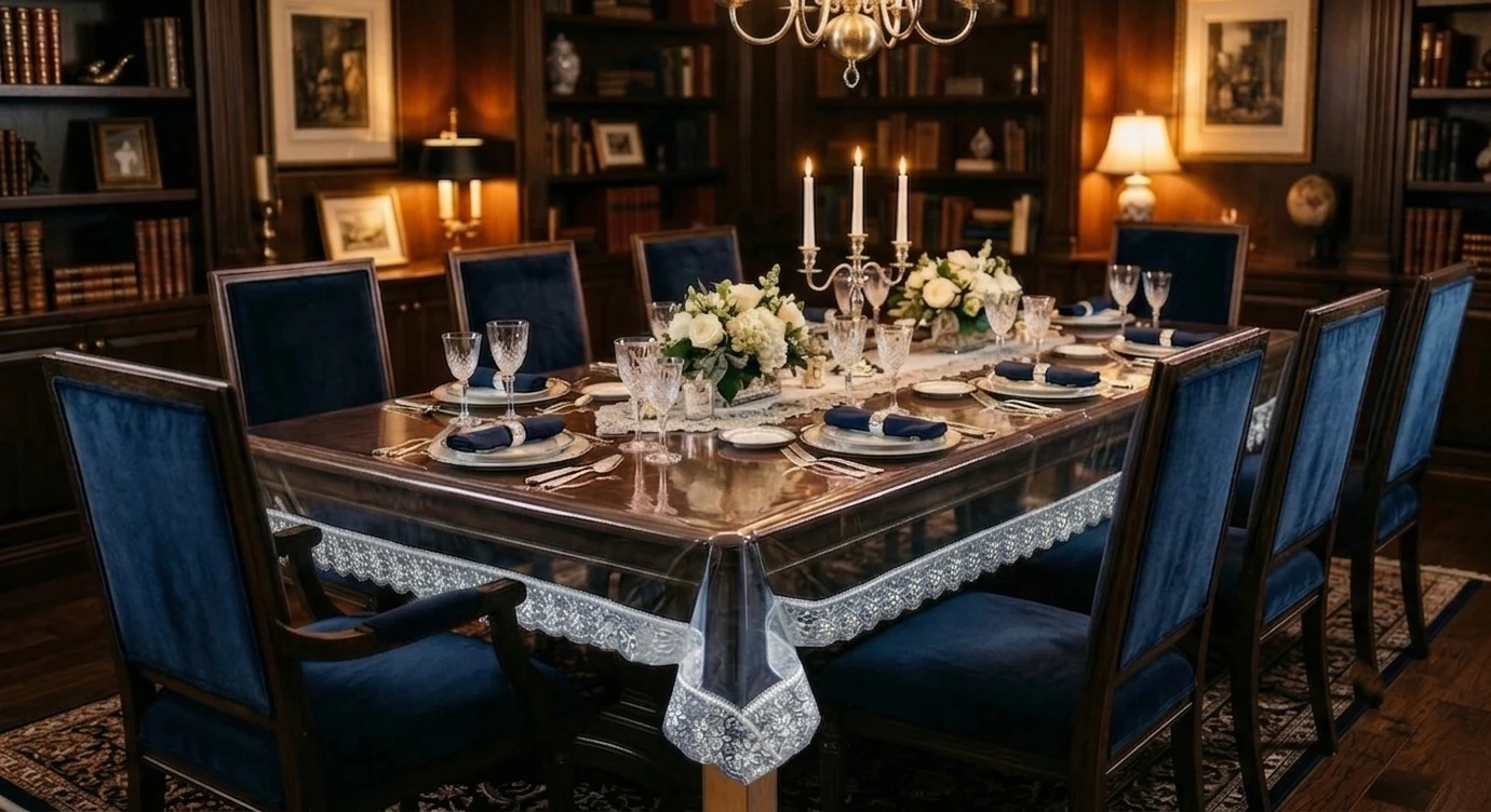 Premium PVC Durable Bordered Wipe Clean Oil Spill-Proof Waterproof Stain-Resistant Rectangular 6-8 Seater Dining Table Cover with Silver Lace (Transparent, 60 X 90 Inches) - Heavy Plastic Sheet | Designer Anti-Skid Table Cover for 6 Seater to 8 Seater