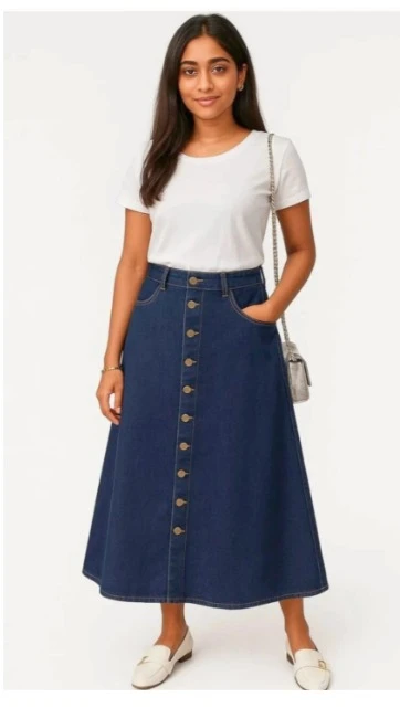 Women's High Waist Button Front A-Line Denim Skirt | Long Blue Midi Skirt with Pockets | Casual Western Wear