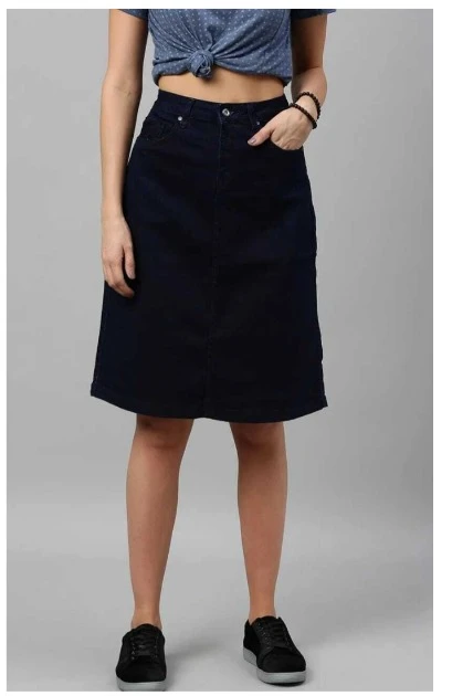 Women's Dark Blue A-Line Denim Knee Length Skirt | High Waist Casual Western Skirt with Pockets