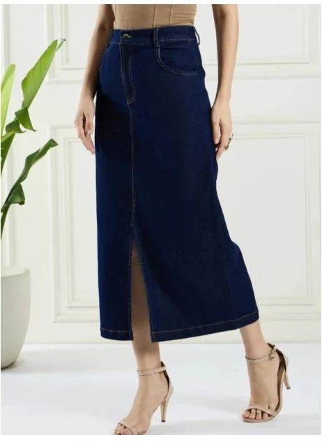 Women's High Waist Front Slit Denim Maxi Skirt | Dark Blue Long A-Line Western Skirt