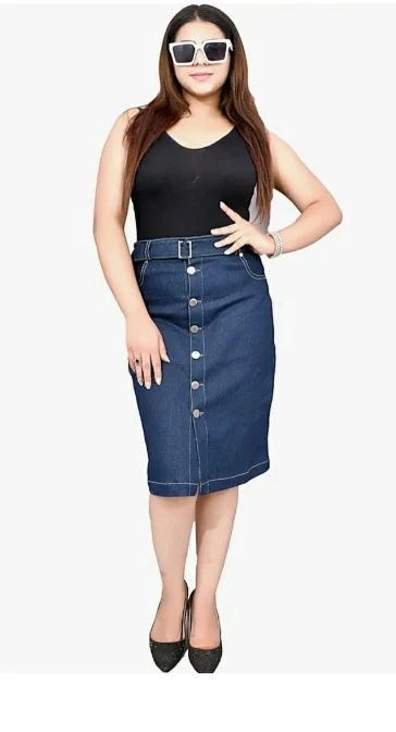 Women's High Waist Button Front Denim Pencil Skirt | Blue Midi Bodycon Western Skirt with Belt