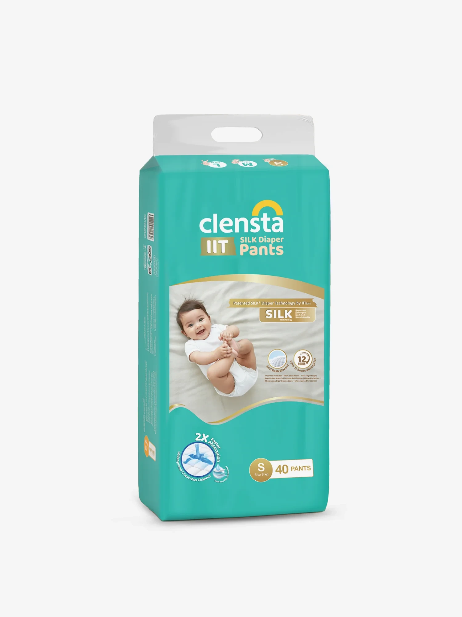 Clensta IIT Silk Baby Diaper Pants Small (S) | 5–8 kg | 12-Hour Absorbency | Soft Leakproof Disposable Diapers | Pack of 40