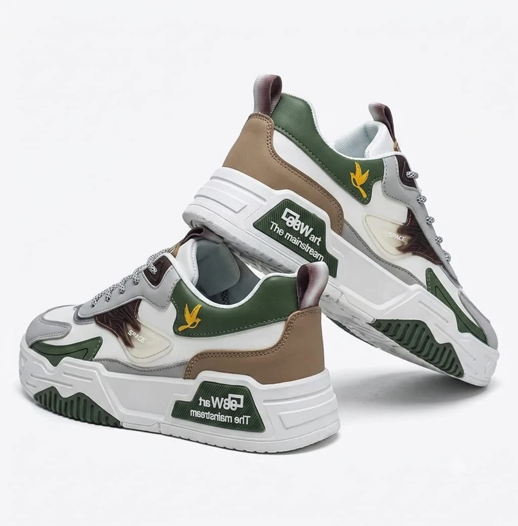 Men's Chunky Sneakers | Casual Sports Shoes for Walking, Gym & Daily Wear (White, Green & Beige)