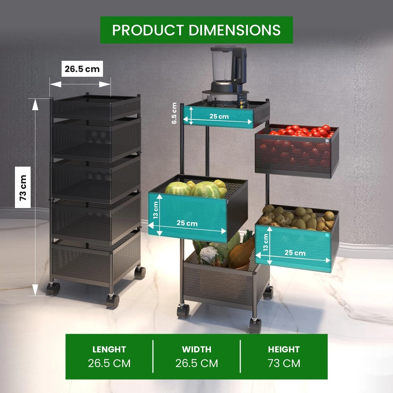 5-Tier Rolling Metal Storage Rack with Wheels | Multipurpose Kitchen & Vegetable Organizer | Black