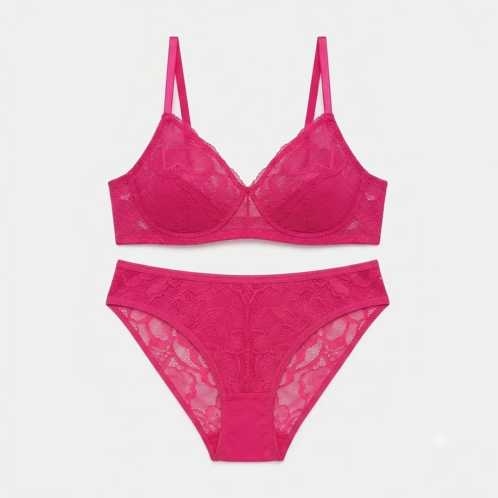 Women's Pink Floral Lace Push-Up Bra & Panty Set | Soft Padded Lingerie for Everyday Comfort
