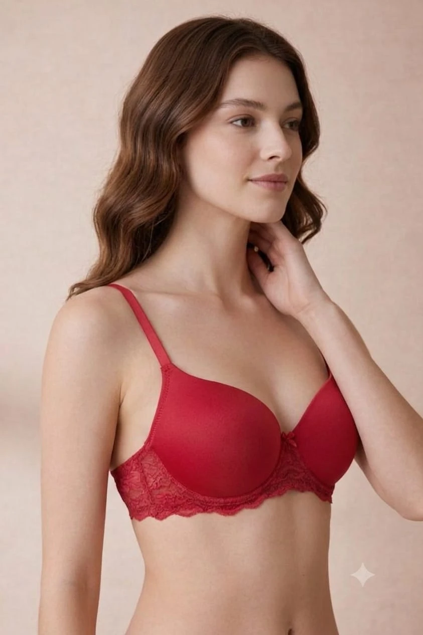 Women's Red Padded Bra | Soft Non-Wired Everyday Comfort Lace Bra for Women