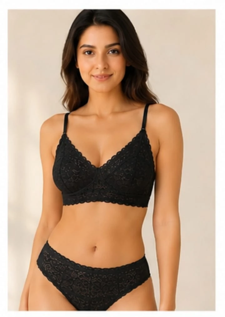 Women's Black Floral Lace Bra & Panty Set | Soft Non-Wired Everyday Comfort Lingerie Set