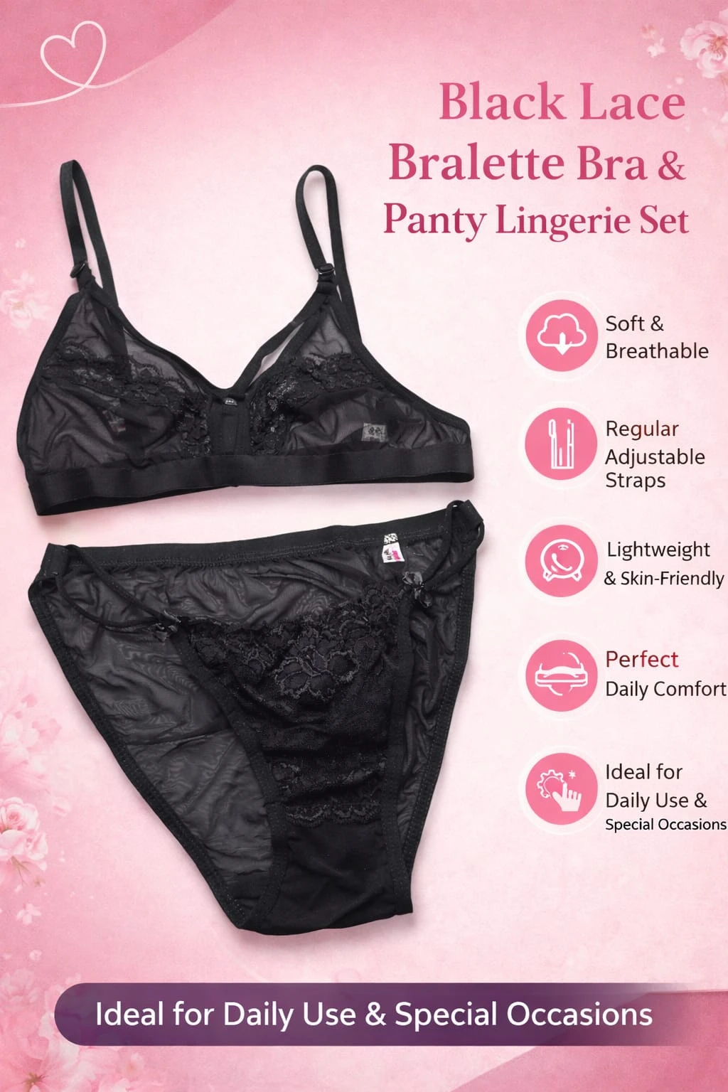 Women's Black Lace Bralette Bra & Panty Lingerie Set | Soft Breathable Non-Wired Everyday Comfort Set