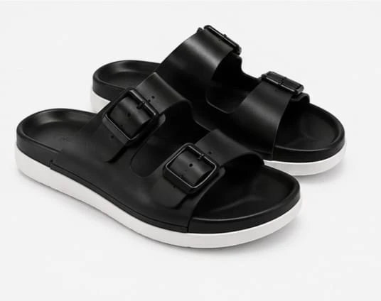 Men's Black Sliders Sandals | Stylish Casual Double Strap Slippers with Buckle Design | Comfortable Footwear for Daily Wear