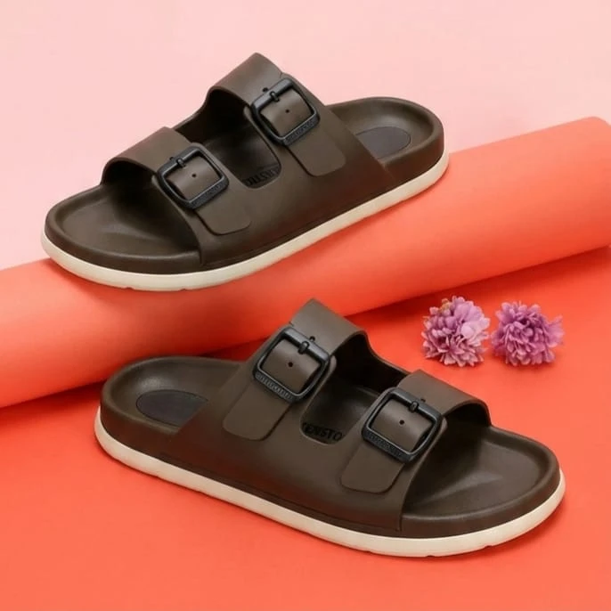 Men's Brown Double Strap Sliders | Stylish Buckle Sandals for Men | Comfortable Casual Slippers for Daily Wear