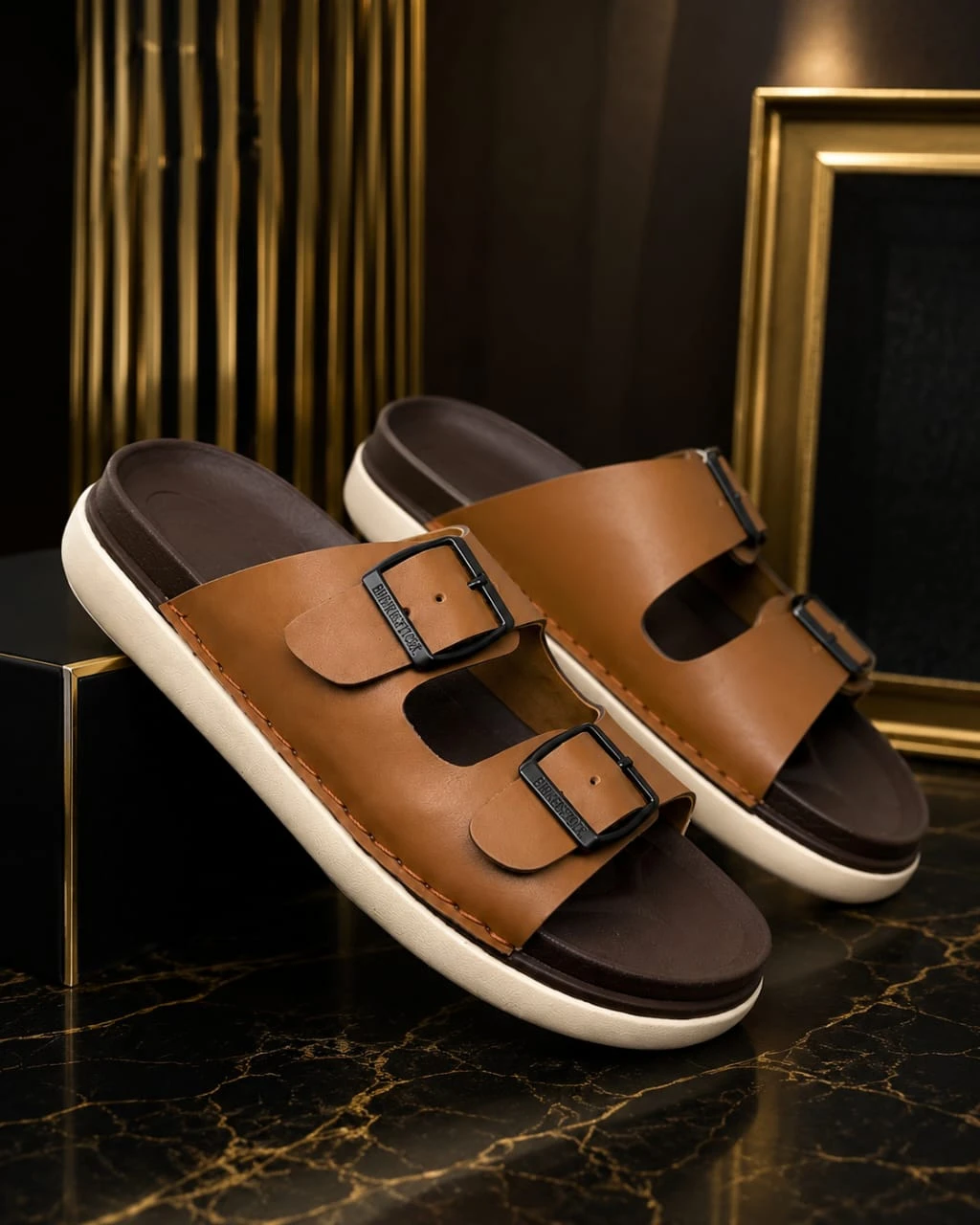 Men's Brown Double Strap Sliders | Premium Buckle Design Casual Sandals for Men | Comfortable Daily Wear Footwear