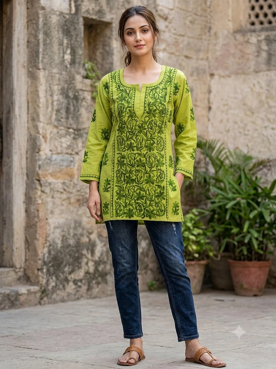 lucknowi chikankari magic havy cotton pannel pattern aari work kurti