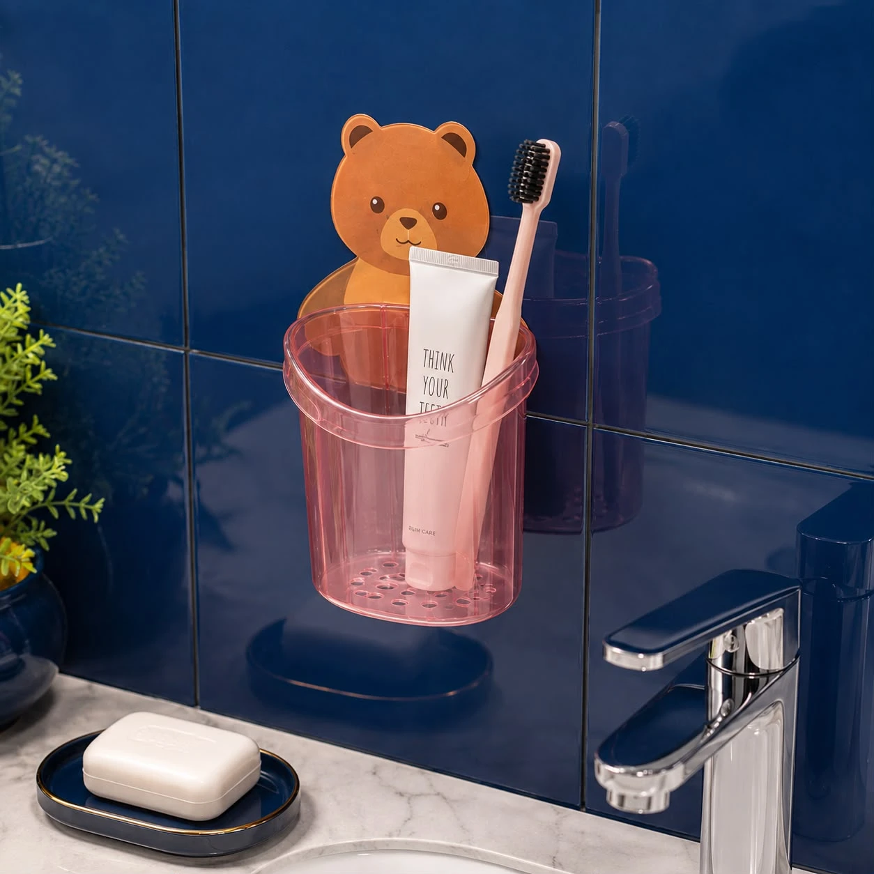 Teddy Bear 3 Pack Adhesive Toothbrush Holder, Brush Stand Holders for Bathroom Plastic Toothbrush Holder (Multicolor, Wall Mount)