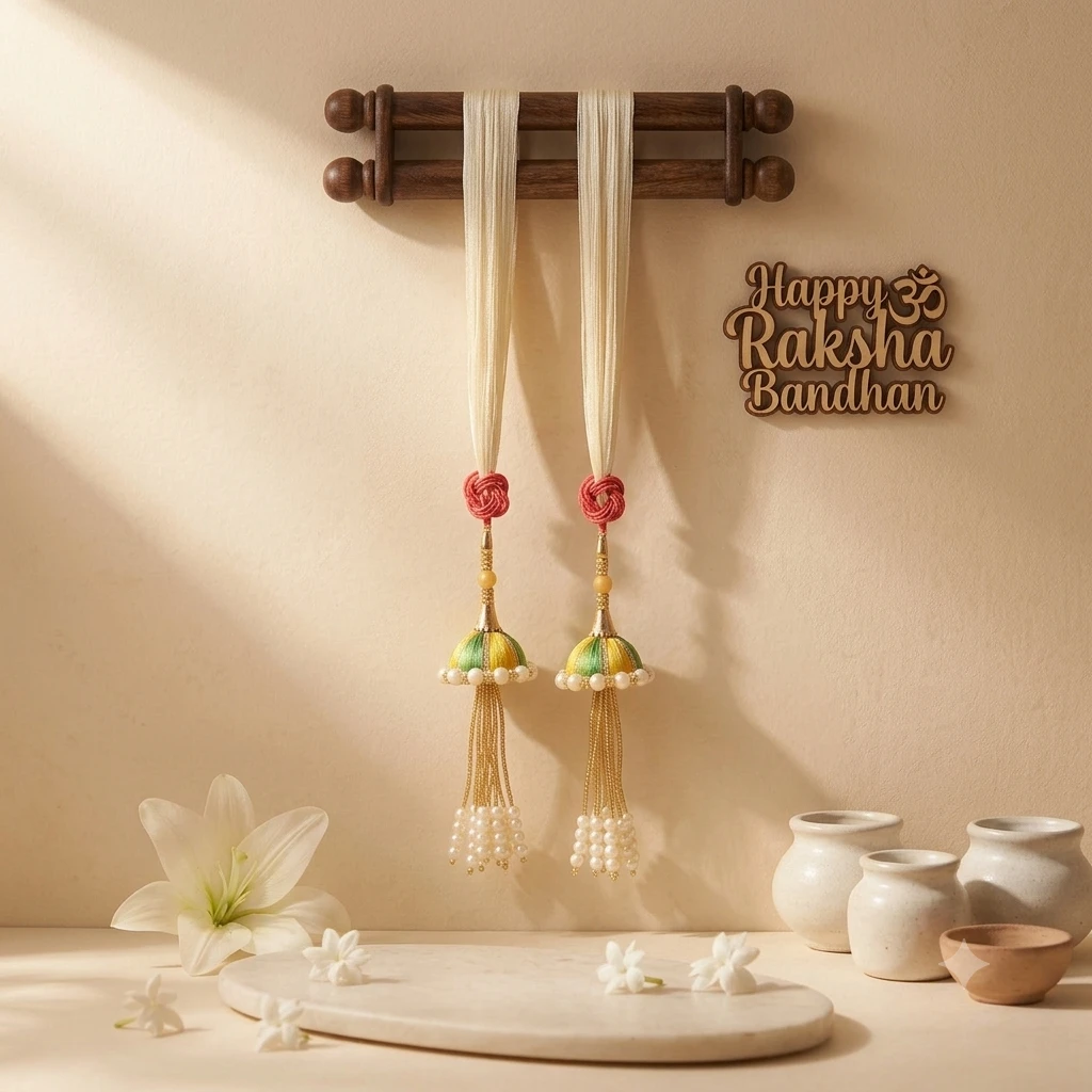 Lumba Rakhi for Bhabhi – Mustard Green Pearl Designer Lumba Rakhi (Pack of 2)