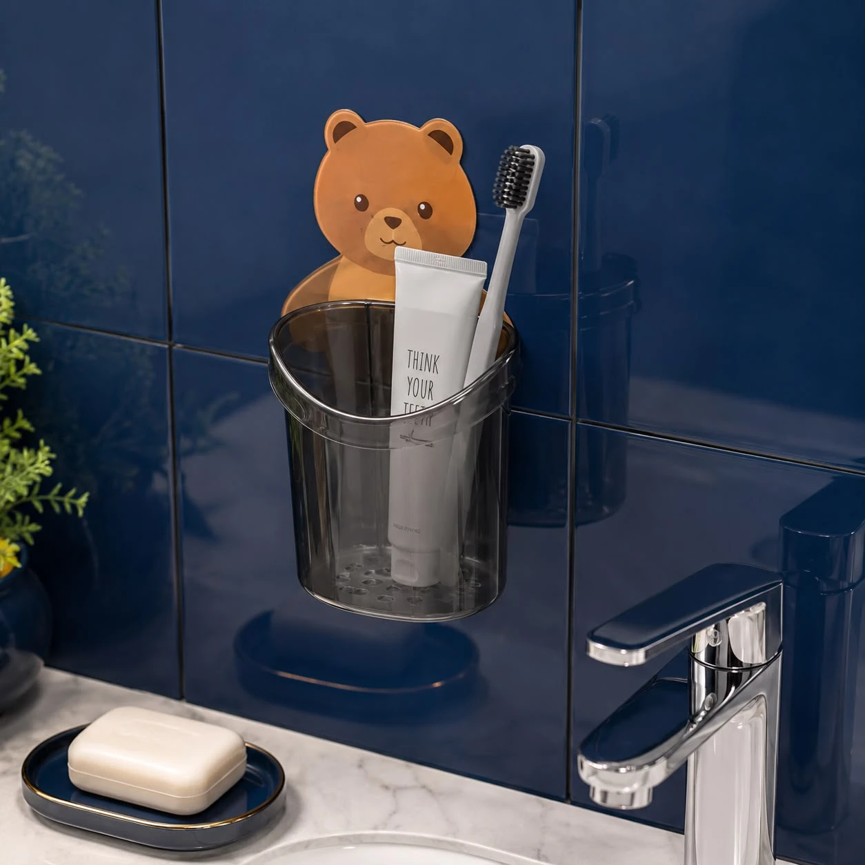 Teddy Bear 3 Pack Adhesive Toothbrush Holder, Brush Stand Holders for Bathroom Plastic Toothbrush Holder (Multicolor, Wall Mount)