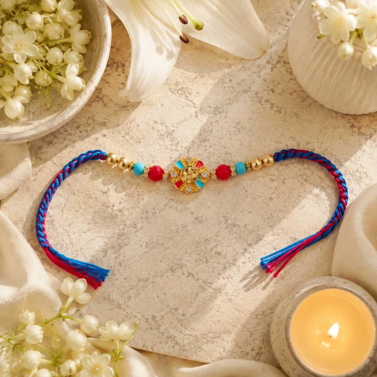 Rakhi for Brother | Designer Red Blue Thread Rakhi with Golden Charm | Premium Raksha Bandhan Rakhi