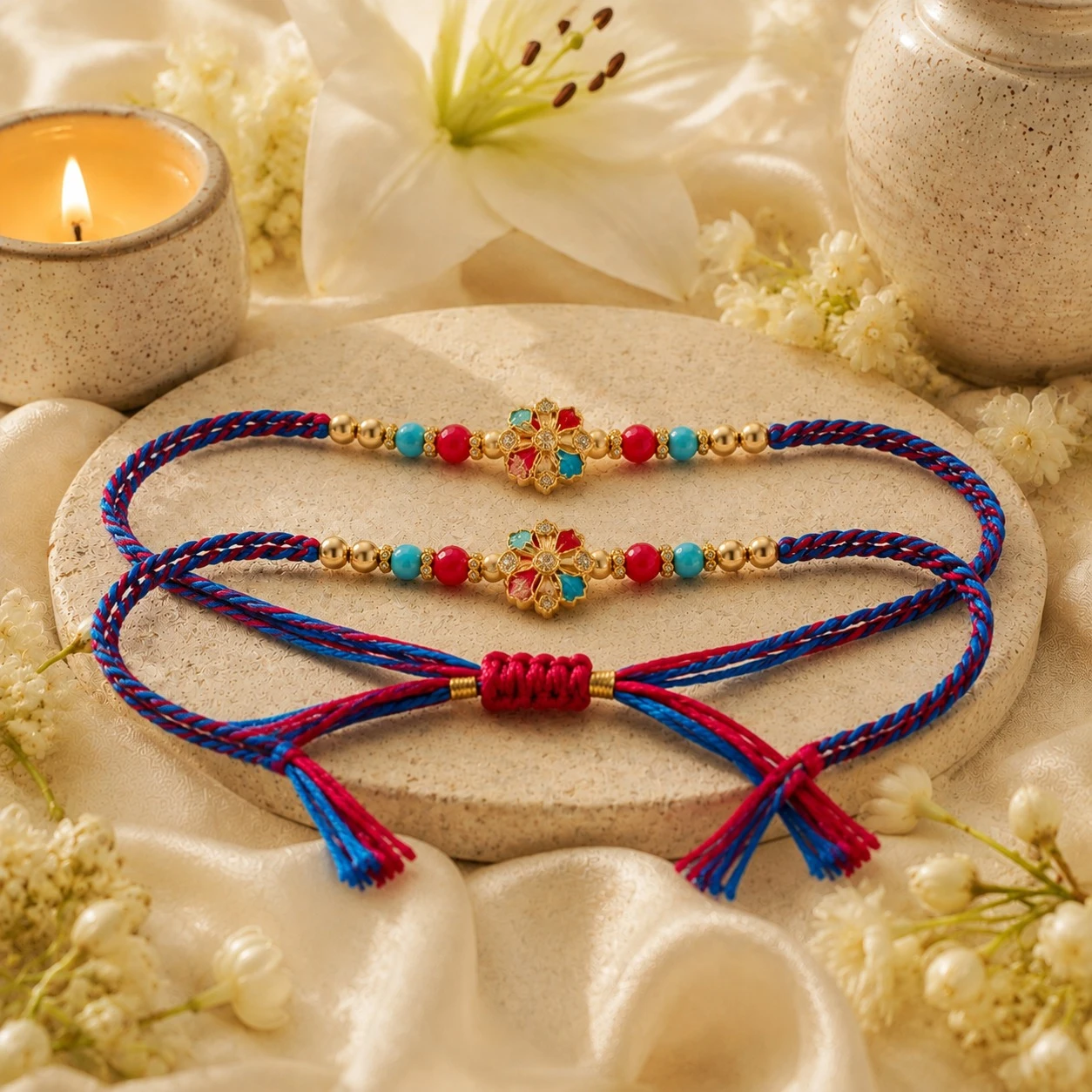 Rakhi for Brother Pack of 2 | Designer Red Blue Thread Rakhi with Golden Charm | Premium Raksha Bandhan Rakhi Set