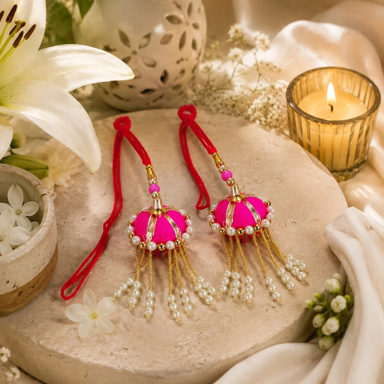 Lumba Rakhi for Bhabhi Set of 2 | Pink Designer Lumba Rakhi with Pearl Hanging Beads | Raksha Bandhan Gift for Bhabhi