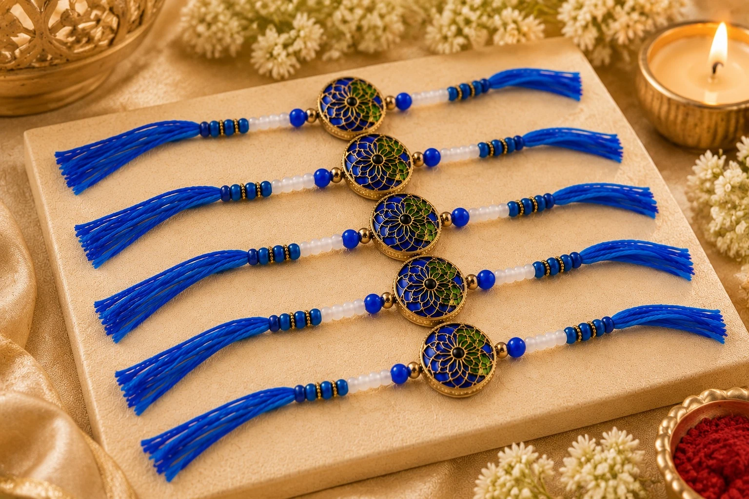 Rakhi for Brother Set of 5 | Blue Designer Rakhi with Beads & Premium Thread | Raksha Bandhan Gift Combo for Bhai
