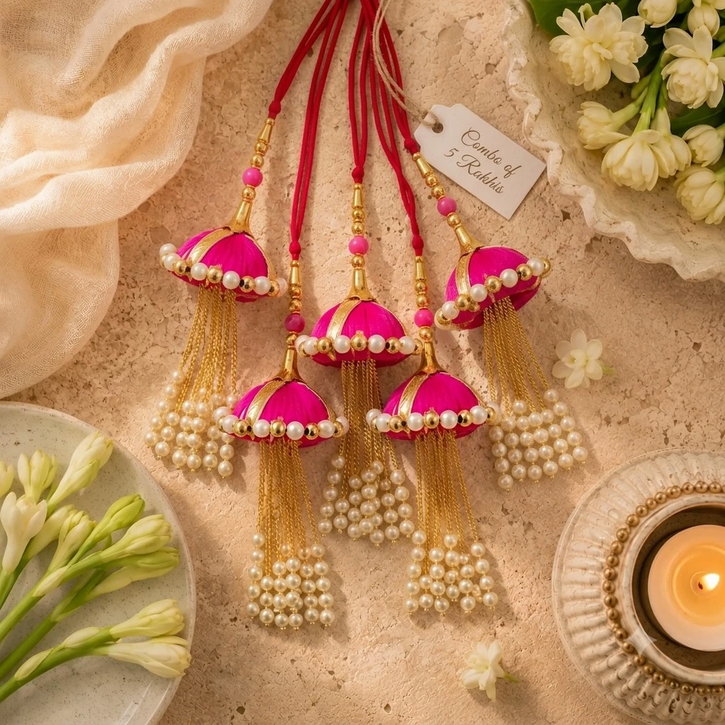 Lumba Rakhi for Bhabhi Set of 5 | Pink Designer Lumba Rakhi with Pearl Hanging Tassels | Raksha Bandhan Gift Combo for Bhabhi