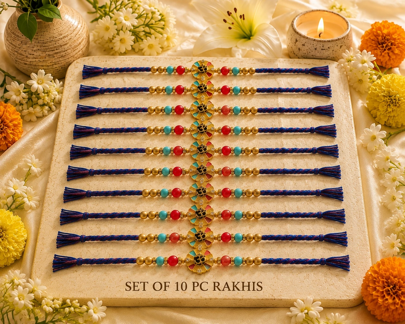 Brother Rakhi Set of 10 | Premium Om Rakhi with Beads & Multicolor Stones | Raksha Bandhan Gift Combo for Brother