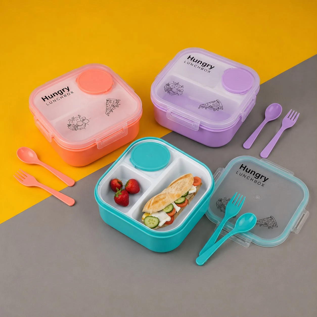 Bite Buddy 3 Compartment Lunch Box with Sauce Container & Spoon Fork Set - 5 Containers Plastic School Lunch Box