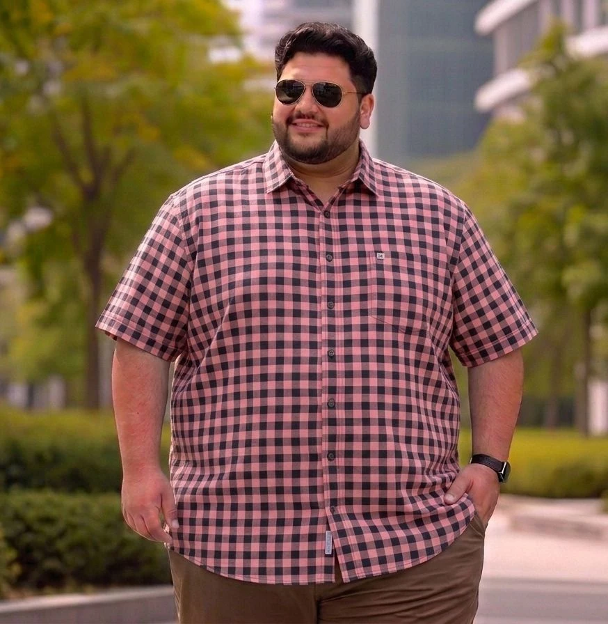Men's Plus Size Pink Checked Casual Shirt | Half Sleeve Cotton Blend Shirt for Men | Regular Fit Big Size Shirt (10XL)
