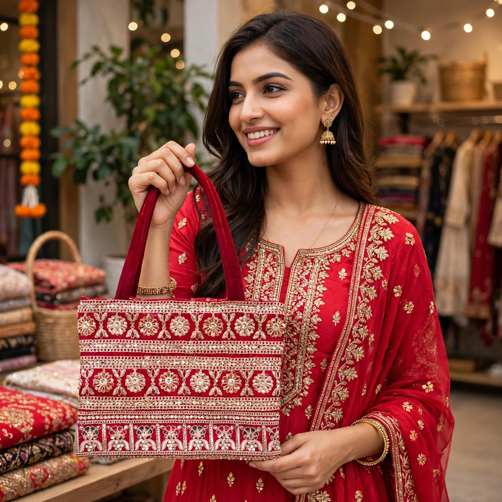 Handbag | Women's Red Velvet Embroidered Designer Handbag with Elegant Ethnic Work