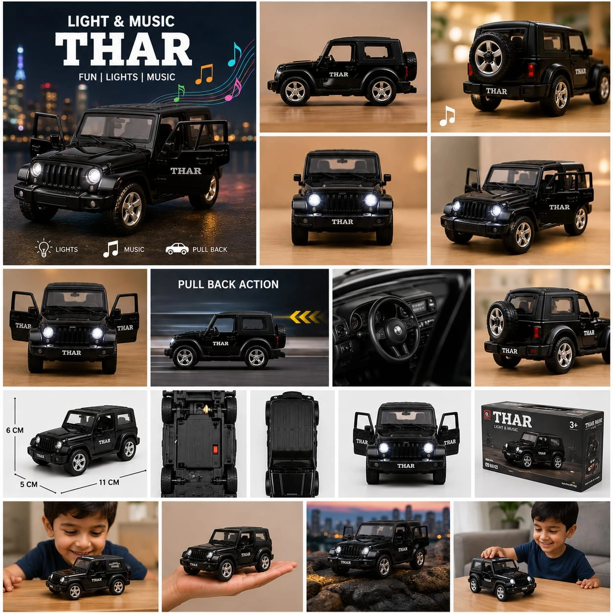 Light & Music Thar Style SUV Toy Car for Kids | Pull Back Action Car with LED Lights, Sound & Openable Doors | Black