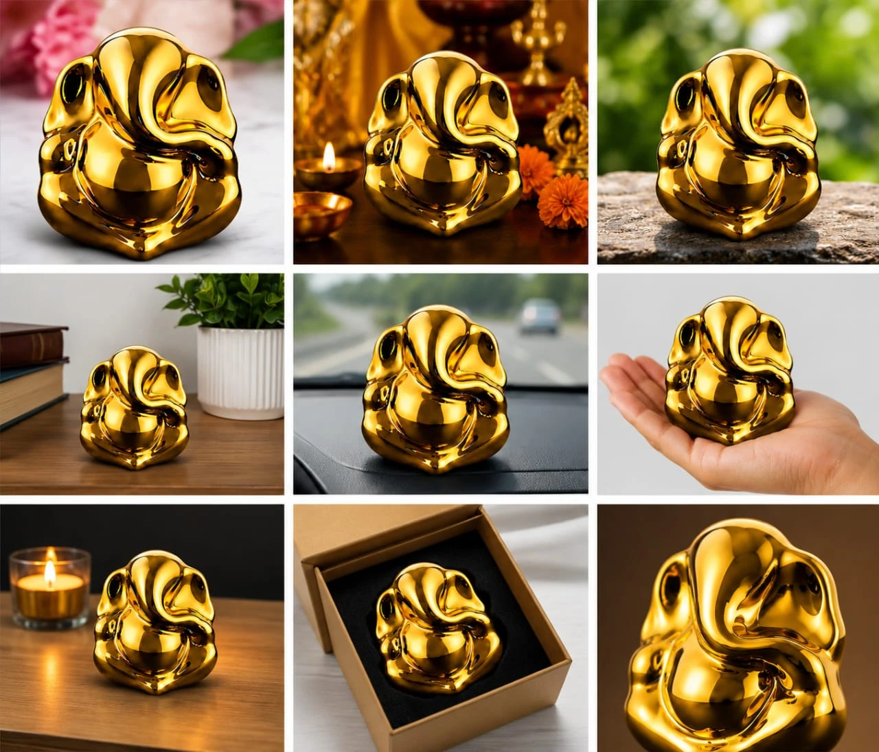 Golden Ganesha Idol Decorative Showpiece for Home, Office & Car Dashboard