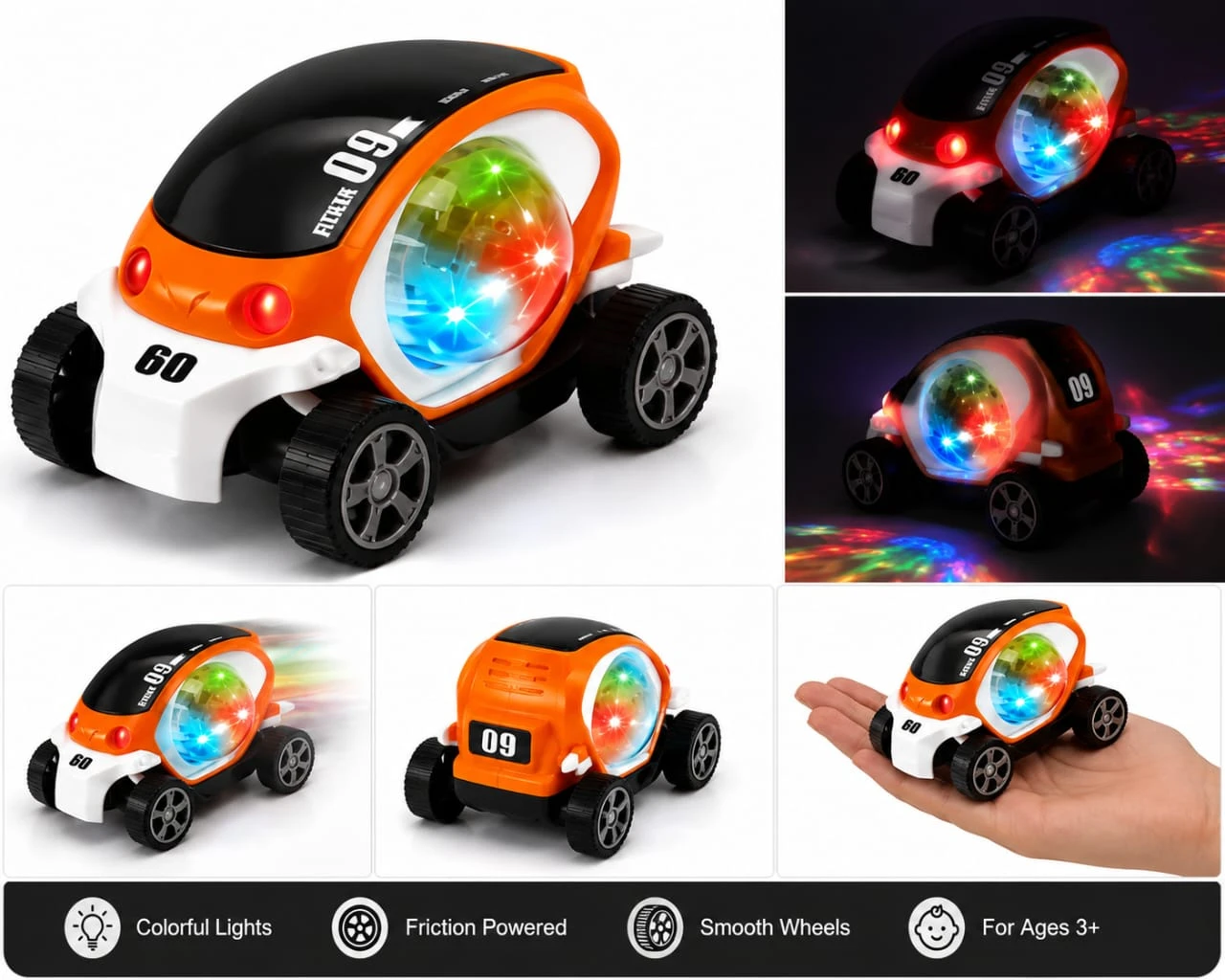 Kids Friction Powered Stunt Car with Colorful LED Lights, Flashing Wheels & 360° Light Effect Toy Car for Boys & Girls 3+ Years