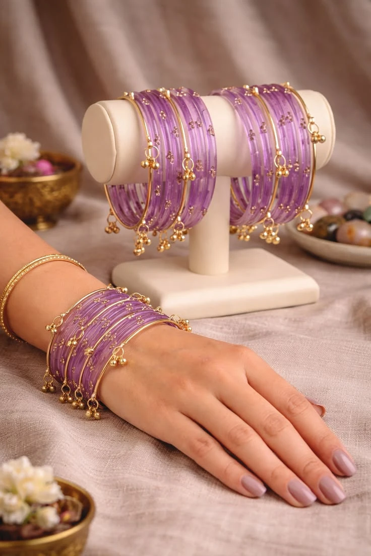Name: Royal Purple & Gold Bangles  Color: Lavender Purple, Gold & Soft Beige pack of 16