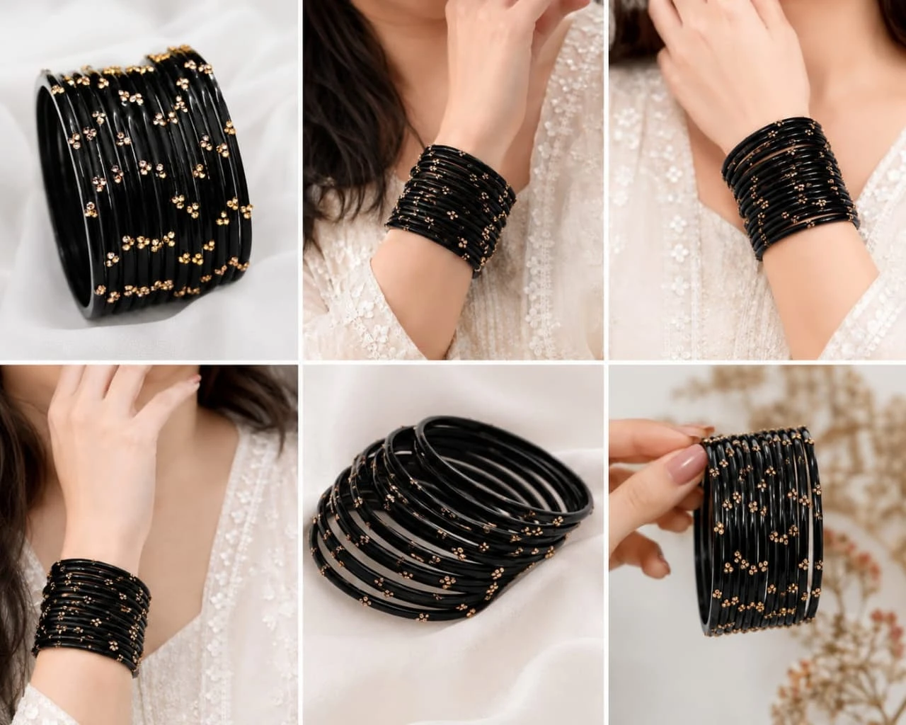 Elegant Black & Gold Embellished Bangles  Color: Glossy Black & Rose Gold Black 3 stones Bangles