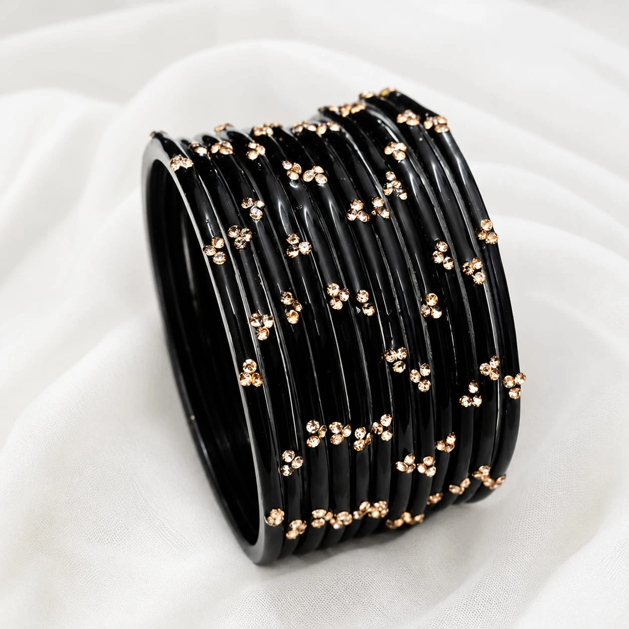 Name: Elegant Black & Gold Embellished Bangles Black 3 stones Bangles Pack of 12