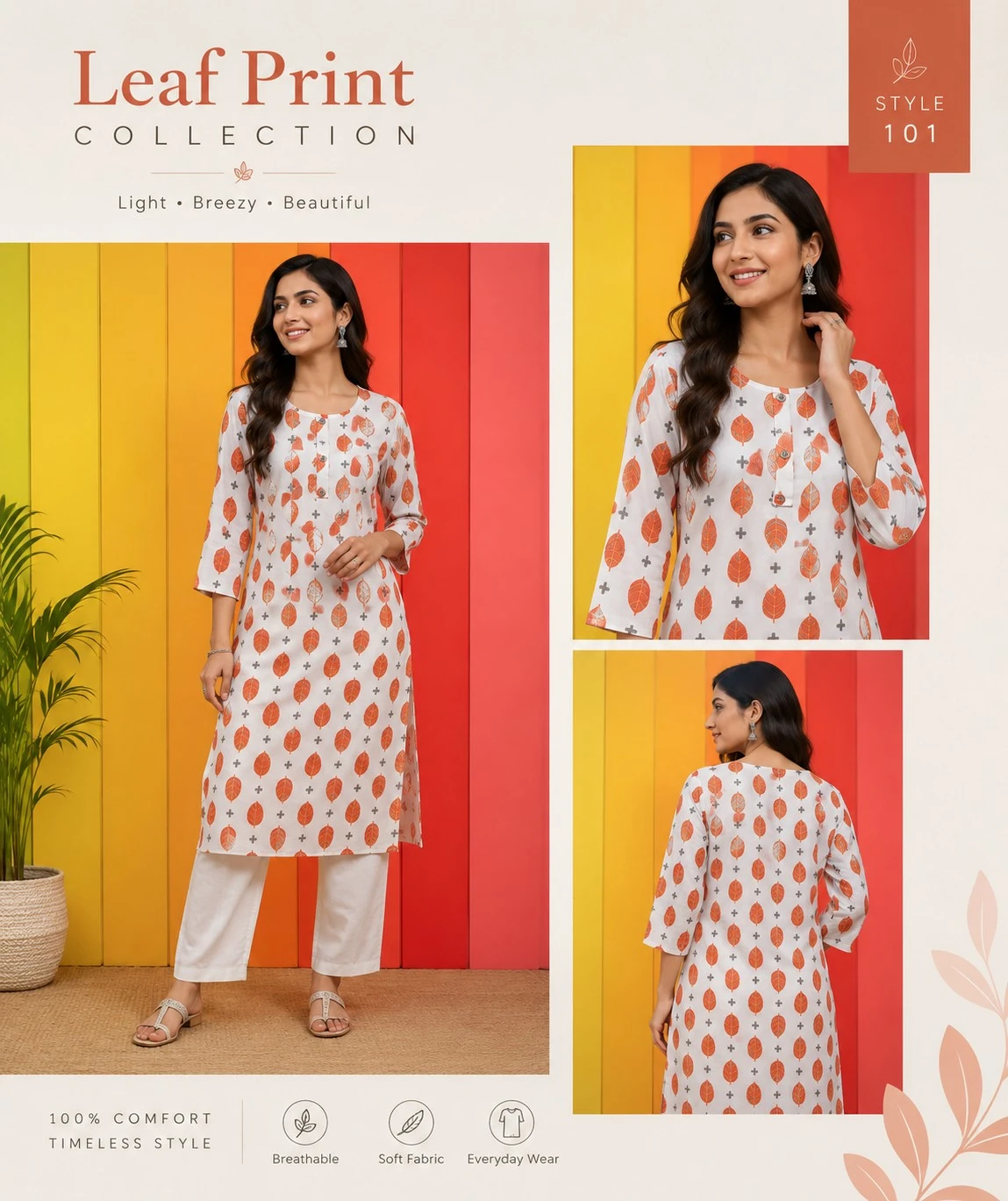 Cream Floral Print Cotton Straight Kurta
