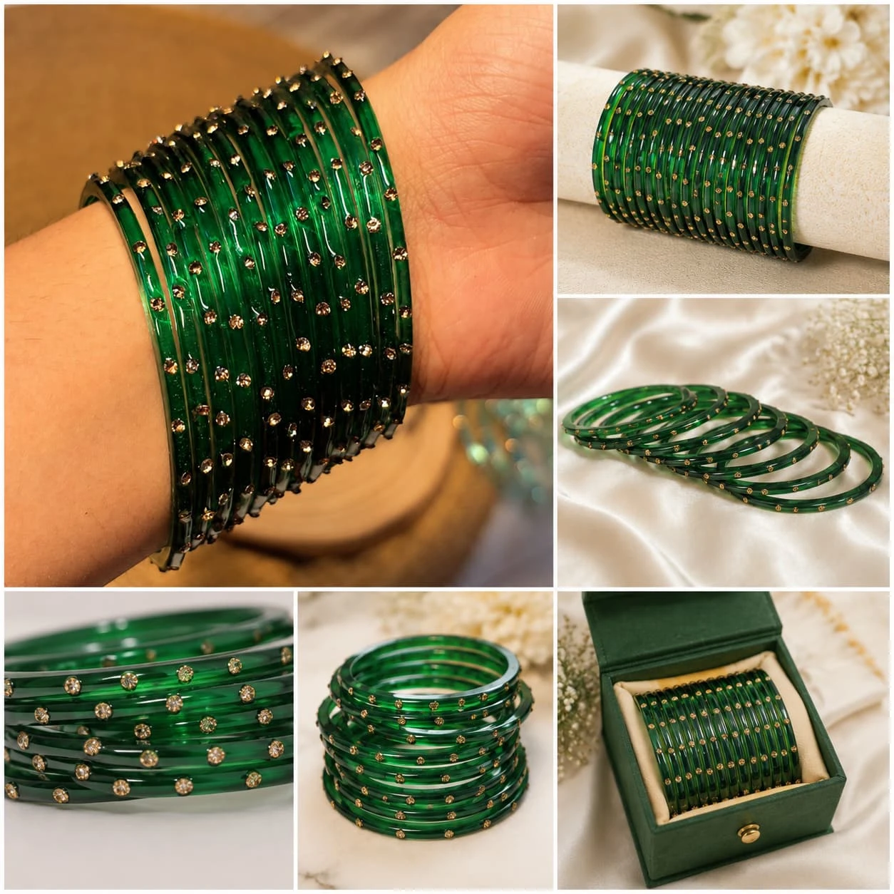 Green Stone Studded Glass Bangles – Set of Multiple Bangles pack of 12
