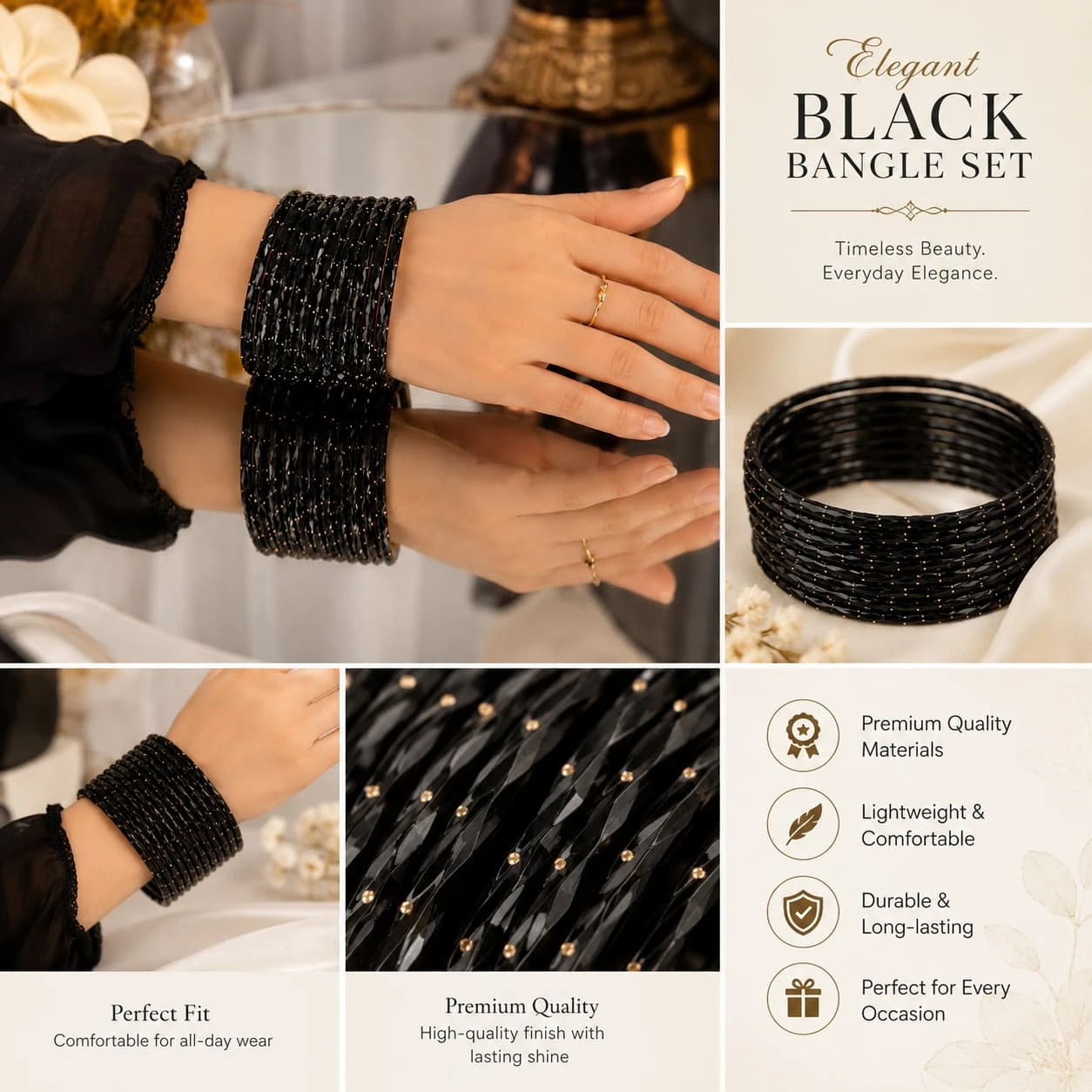 Elegant Black Glass Bangles Set Pack of 24