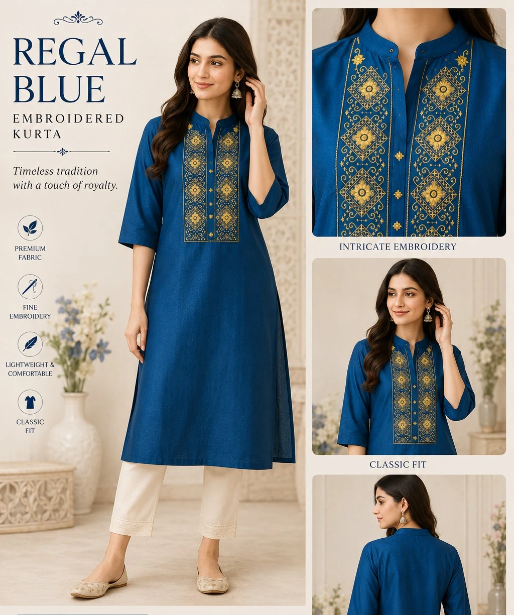 Ethnic Royal Blue Women's Embroidered Kurti.