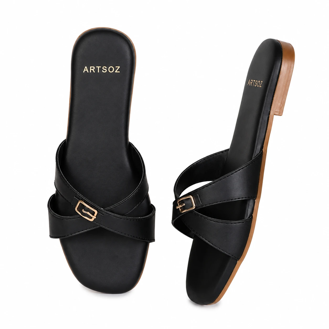 Women’s Stylish Cross Strap Flat Sandals with Buckle – Black