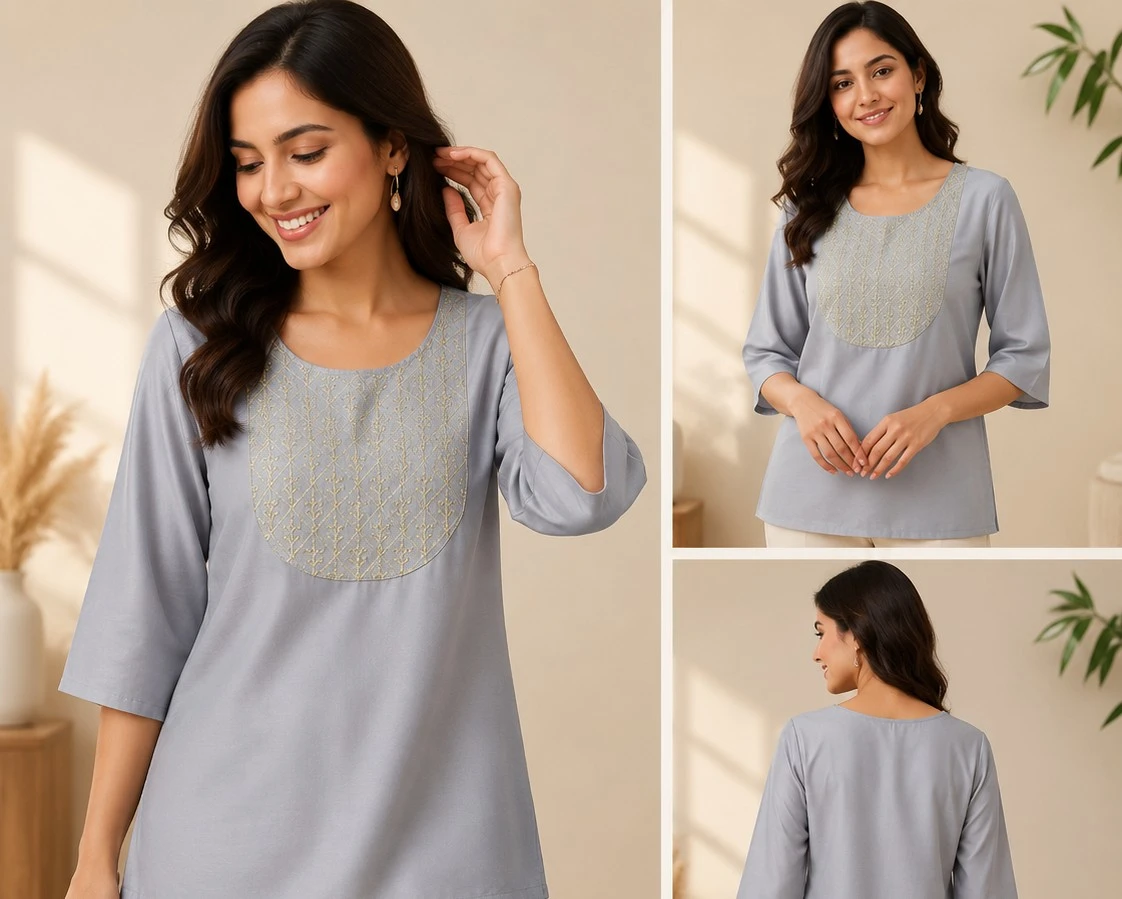 Ethnic Grey Women's Embroidered Kurti