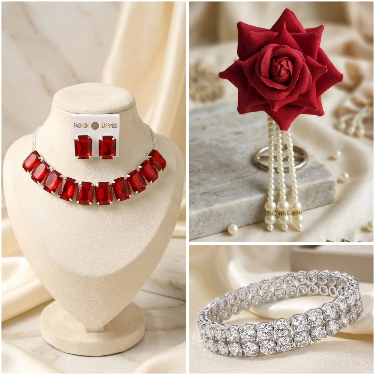 Red Crystal Necklace Set with Earrings & Rose Hair Accessory Combo for Women