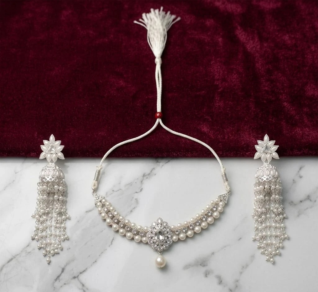 Pearl Diamond Maang Tikka with Matching Earrings – Elegant Bridal Jewellery Set for Women
